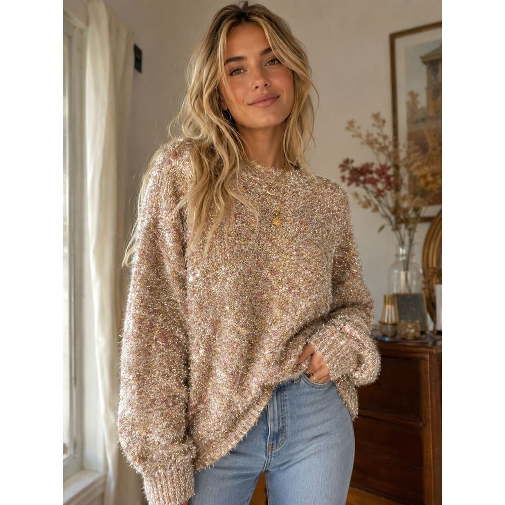 Eyelash Sweater L Sparkly Popcorn Knit Cozy Neutral Glam Pullover L